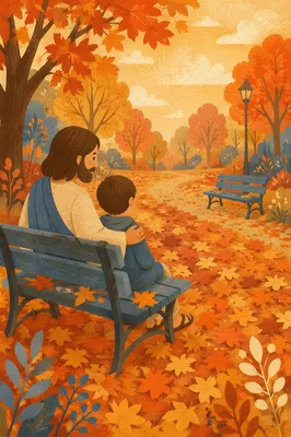 Peaceful Autumn Park Benches with Golden Leaves