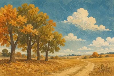 Peaceful Autumn Countryside Under Teal Sky