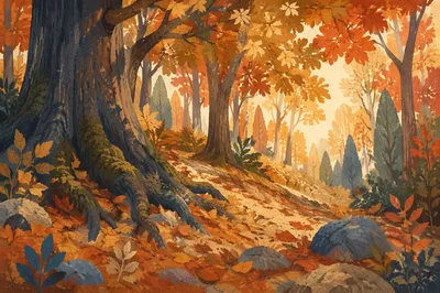 Glowing Autumn Woodland on Steep Hillside