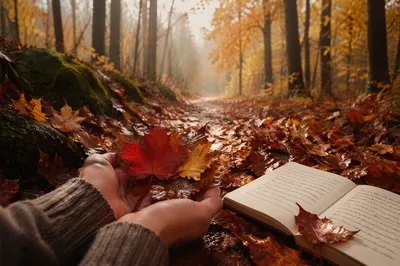 Rain Kissed Autumn Leaves on Woodland Path