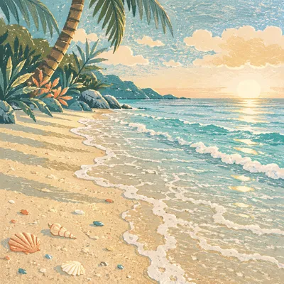 Serene Tropical Shoreline at Sunrise