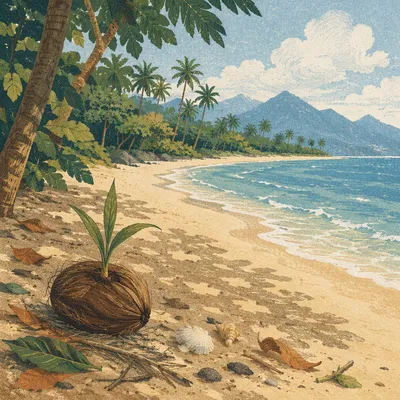Peaceful Tropical Shoreline with Sprouting Coconut