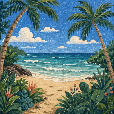 Tropical Beach Waves Under Summer Sky
