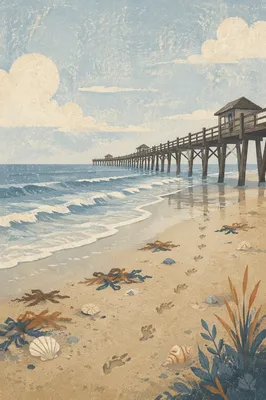 Quiet Summer Beach With Misty Wooden Pier