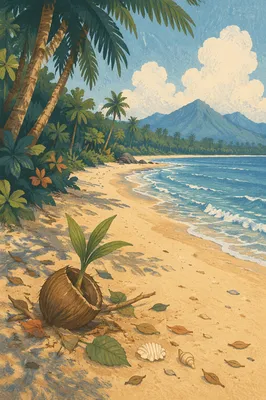 Peaceful Tropical Beach with Sprouting Coconut