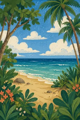 Tropical Beach Waves Under Summer Sky