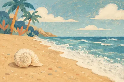Quiet Tropical Shoreline With Spiral Seashell