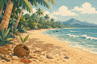 Peaceful Tropical Shoreline With Sprouting Coconut
