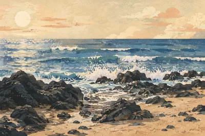 Summer Waves Over Volcanic Beach Rocks