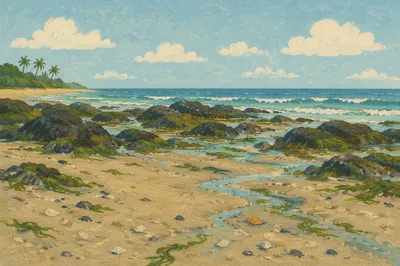 Quiet Tropical Shoreline with Tidal Rock Pools