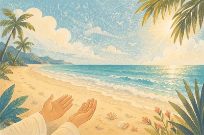 Peaceful Tropical Shoreline with Open Hands