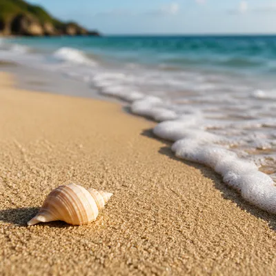 Quiet Tropical Shoreline with Spiral Seashell