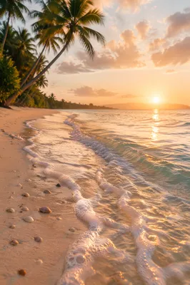 Tropical Dawn Waves on Peaceful Sandy Shore