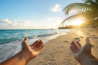 Peaceful Tropical Shoreline with Open Hands
