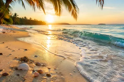 Peaceful Tropical Shoreline at Golden Sunrise