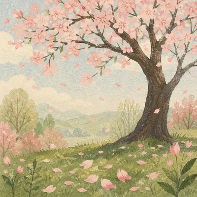 Cherry Blossom Tree Along Meadow Path