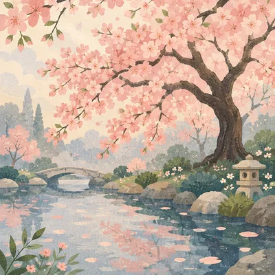 Cherry Blossom Tree by Misty Pond