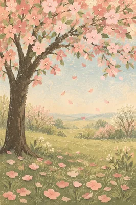 Cherry Blossom Tree Over Spring Meadow Path