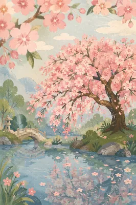 Cherry Blossom Tree by Misty Pond