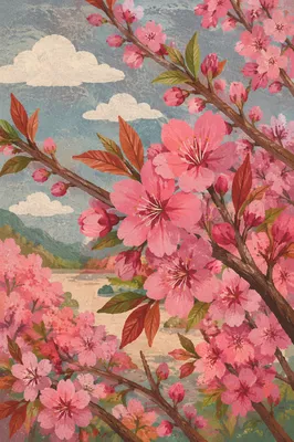 Spring Cherry Blossom Branches in Pink Bloom