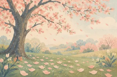 Cherry Blossom Tree Along Spring Meadow Path