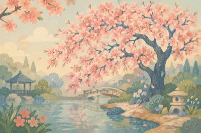 Cherry Blossom Tree by Misty Pond