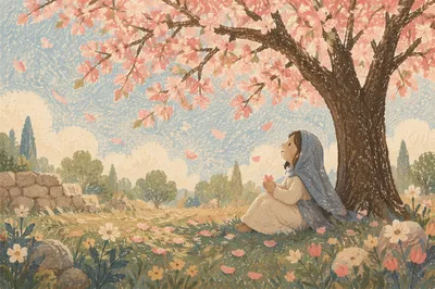 Cherry Blossom Tree Over Spring Meadow Path