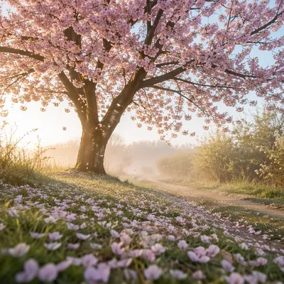 Cherry Blossom Tree Along Misty Meadow Path
