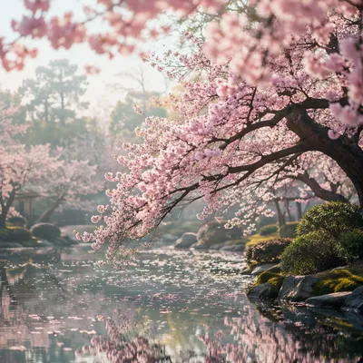 Cherry Blossom Tree by Garden Pond