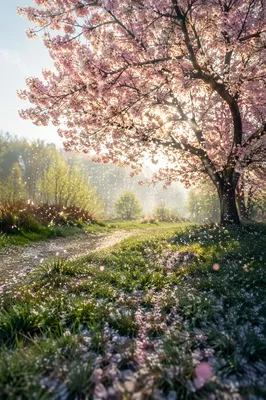Cherry Blossom Tree by Misty Meadow Path