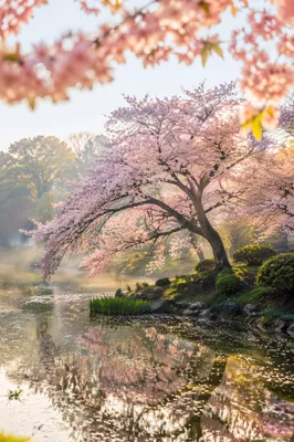 Cherry Blossom Tree by Misty Garden Pond