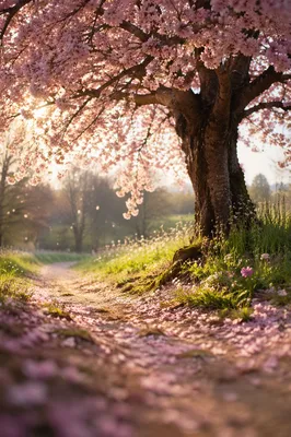 Cherry Blossom Tree Along Spring Meadow Path