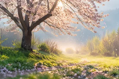 Cherry Blossom Tree Along Spring Meadow Path