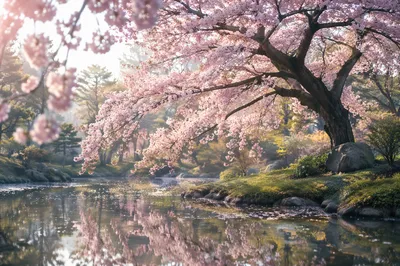 Cherry Blossom Tree by Misty Garden Pond