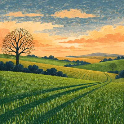 Golden Hour Green Countryside Field