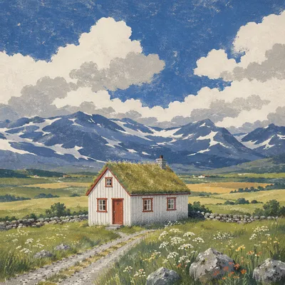White Cottage in Expansive Green Meadow