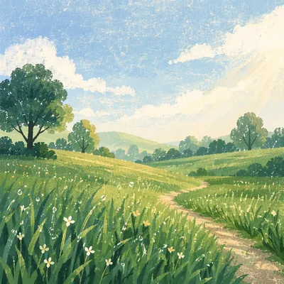 Peaceful Green Meadow Under Morning Sky