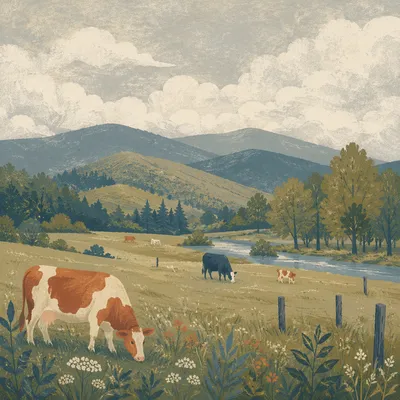 Peaceful Green Pasture with Grazing Cattle