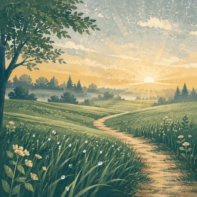 Sunrise Path Through Green Meadow