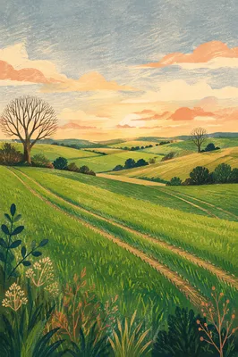 Golden Hour Green Countryside Field