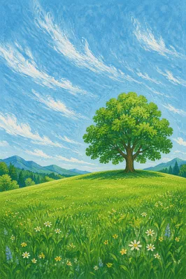 Green Meadow Tree Under Expansive Blue Sky