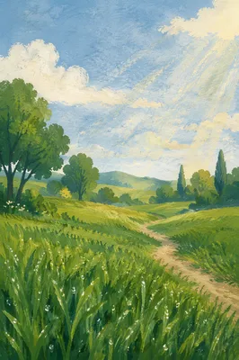 Spring Green Meadow Under Morning Sky