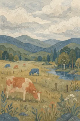 Peaceful Green Pasture with Grazing Cattle