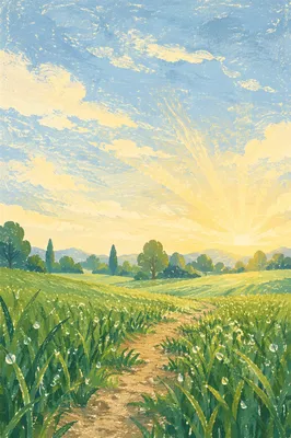 Peaceful Green Field at Morning Sunrise