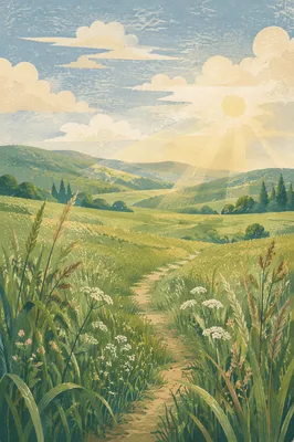 Peaceful Green Meadow Under Morning Sky