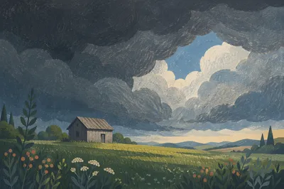 Green Countryside Field Under Storm Clouds