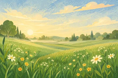 Sunrise Meadow with Dewy Green Grass