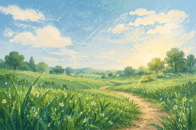Spring Green Meadow Under Open Sky