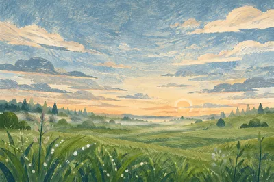 Peaceful Spring Meadow Under Morning Sky