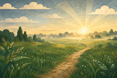 Sunrise Footpath Through Green Meadow